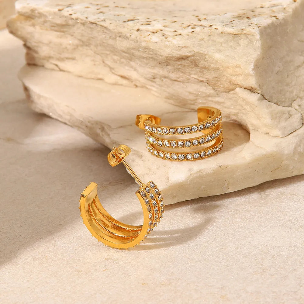 Stainless Steel Inlaid Zircon C-Hoop Earrings — lifestyle shot, earrings