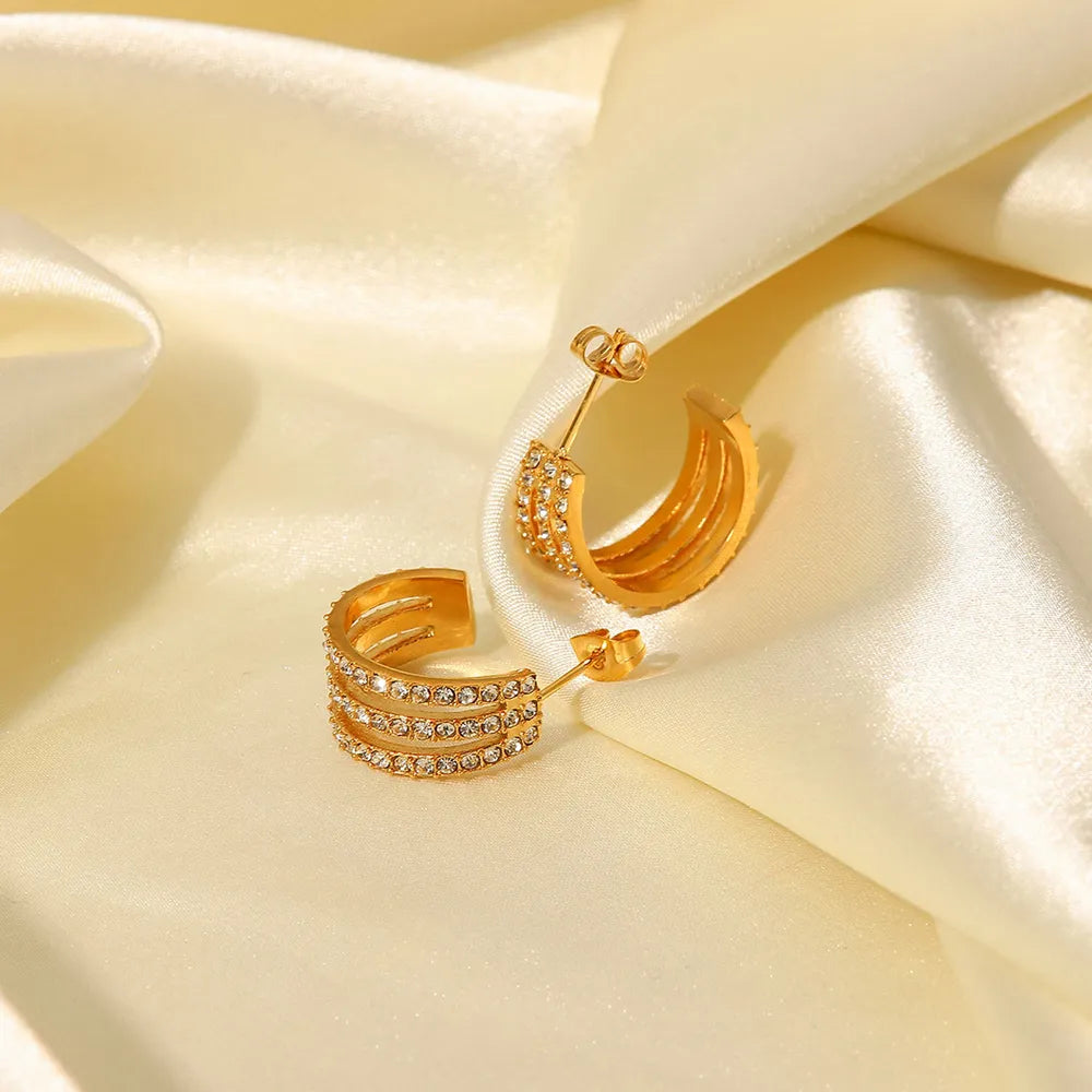 Stainless Steel Inlaid Zircon C-Hoop Earrings — angled view, earrings