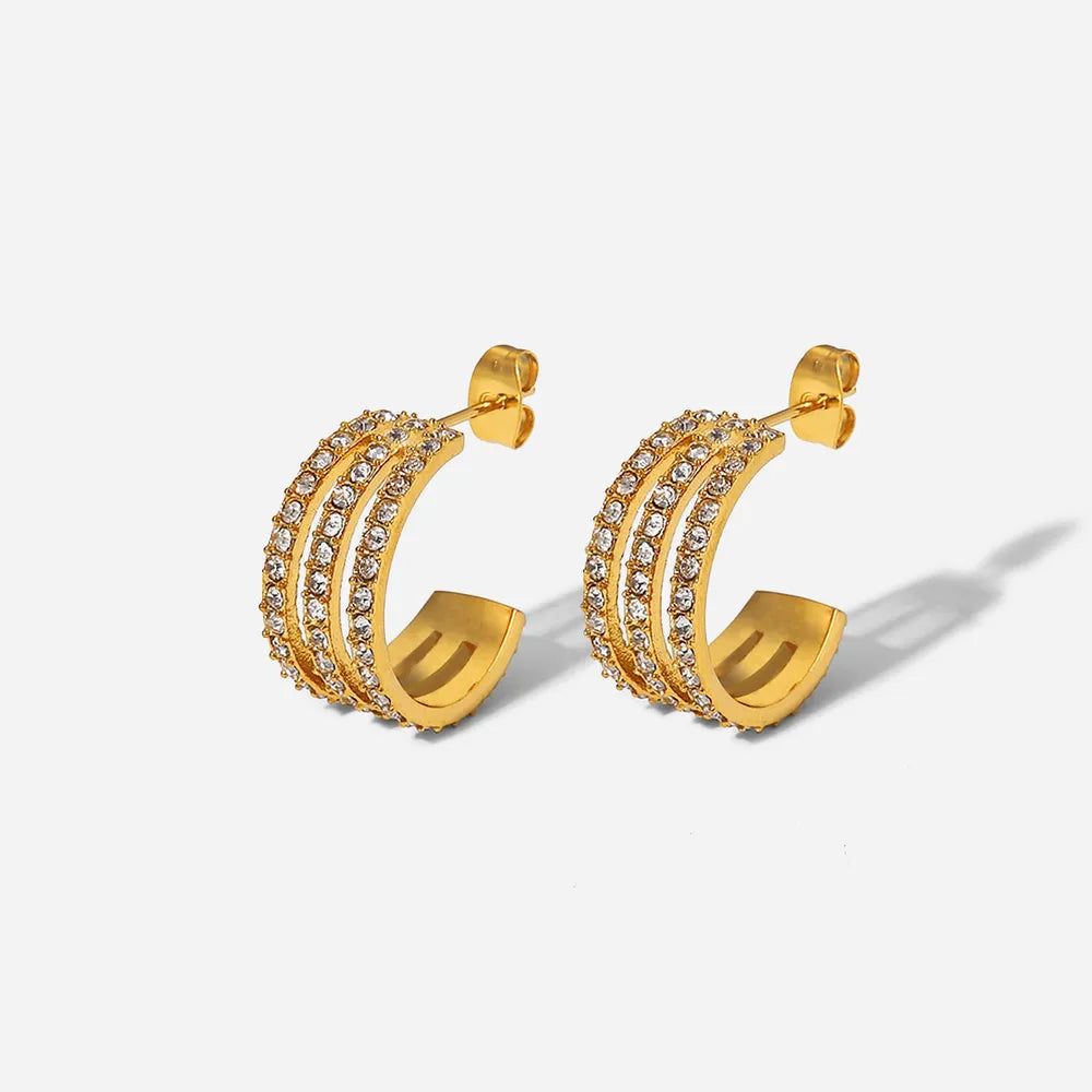 Stainless Steel Inlaid Zircon C-Hoop Earrings — front view, earrings