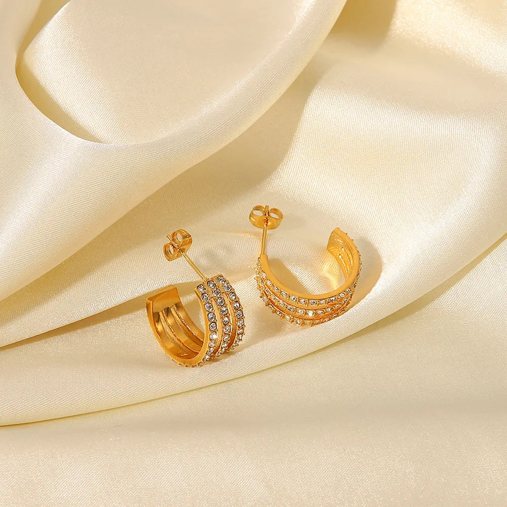 Stainless Steel Inlaid Zircon C-Hoop Earrings — close-up detail, earrings